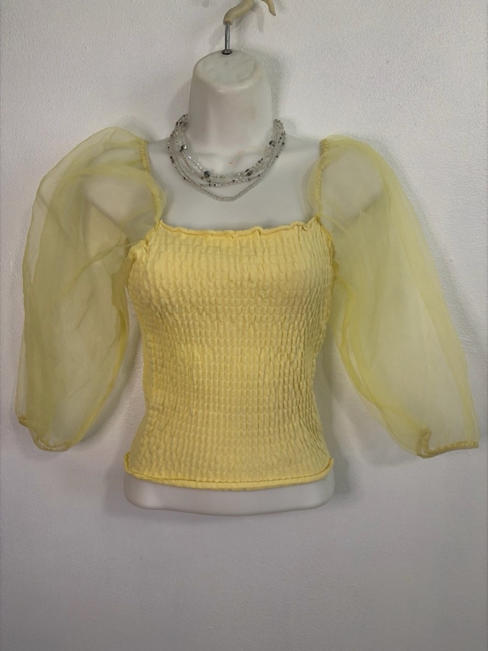 Missguided Yellow Smocked Top Sheer Organza Bishop Sleeves 4
